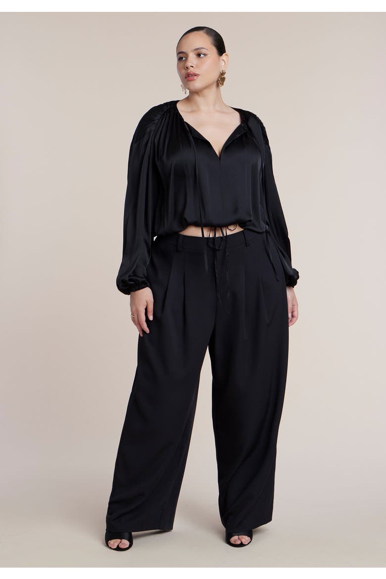 Satin Drawstring Peasant Blouse, Alternate, color, BLACK ONYX