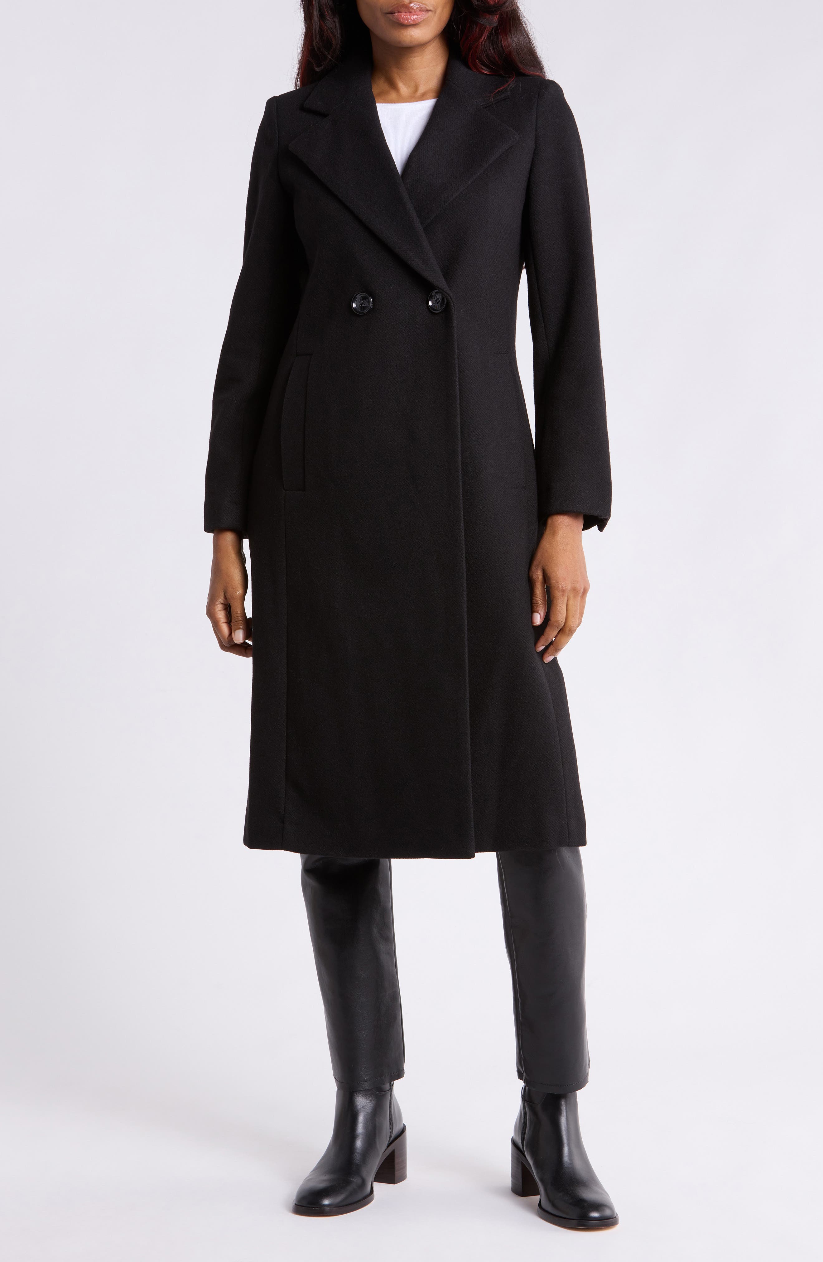 Fitted Double Breasted Notch Collar Long Coat