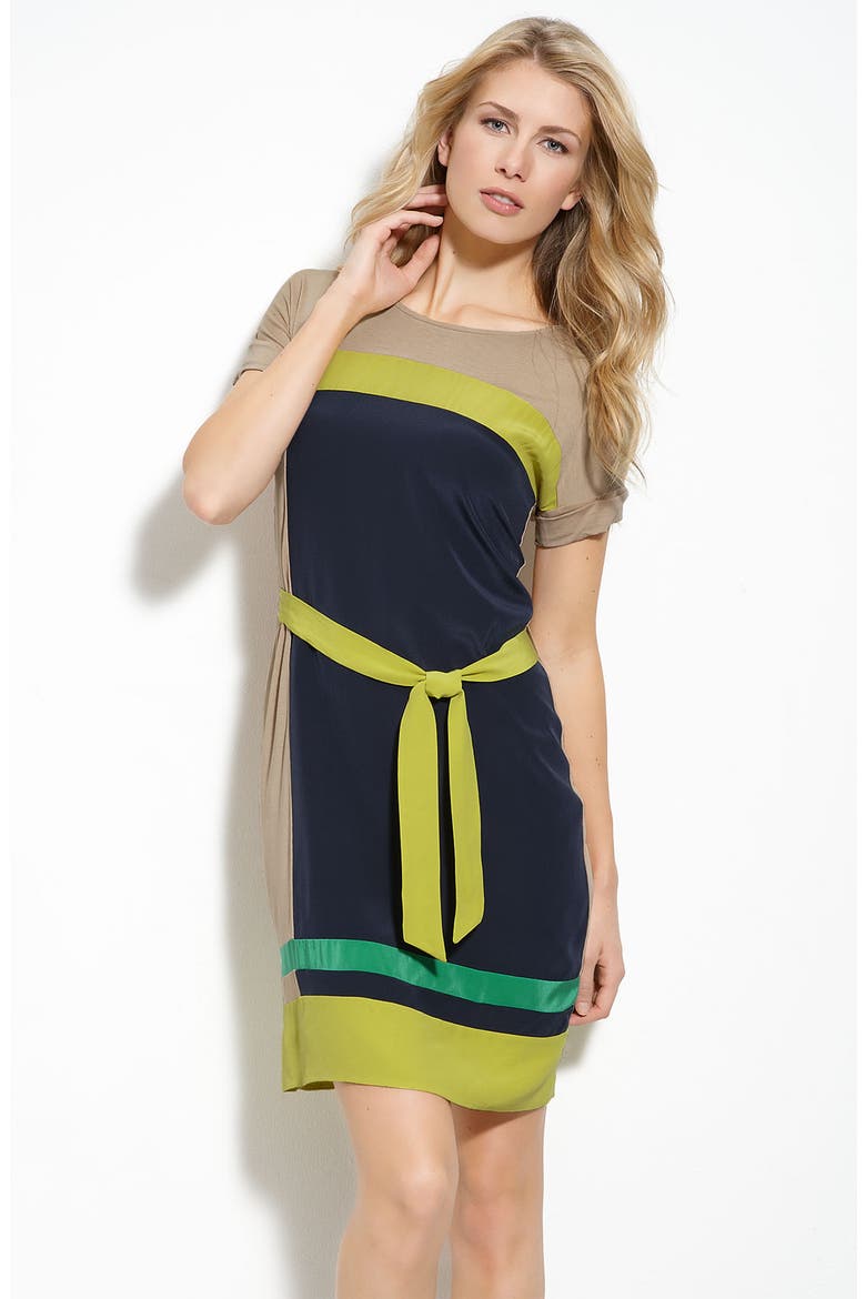 'Louella' Colorblock Tie Waist Silk Dress, Main, color, CARBON COMBO
