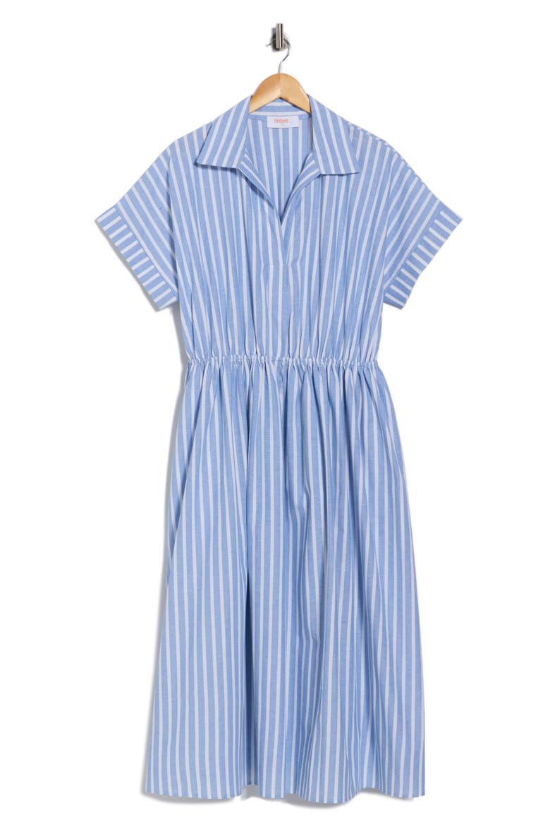 Stripe Short Sleeve Cotton & Linen Midi Dress, Alternate, color, CHAMBRAY