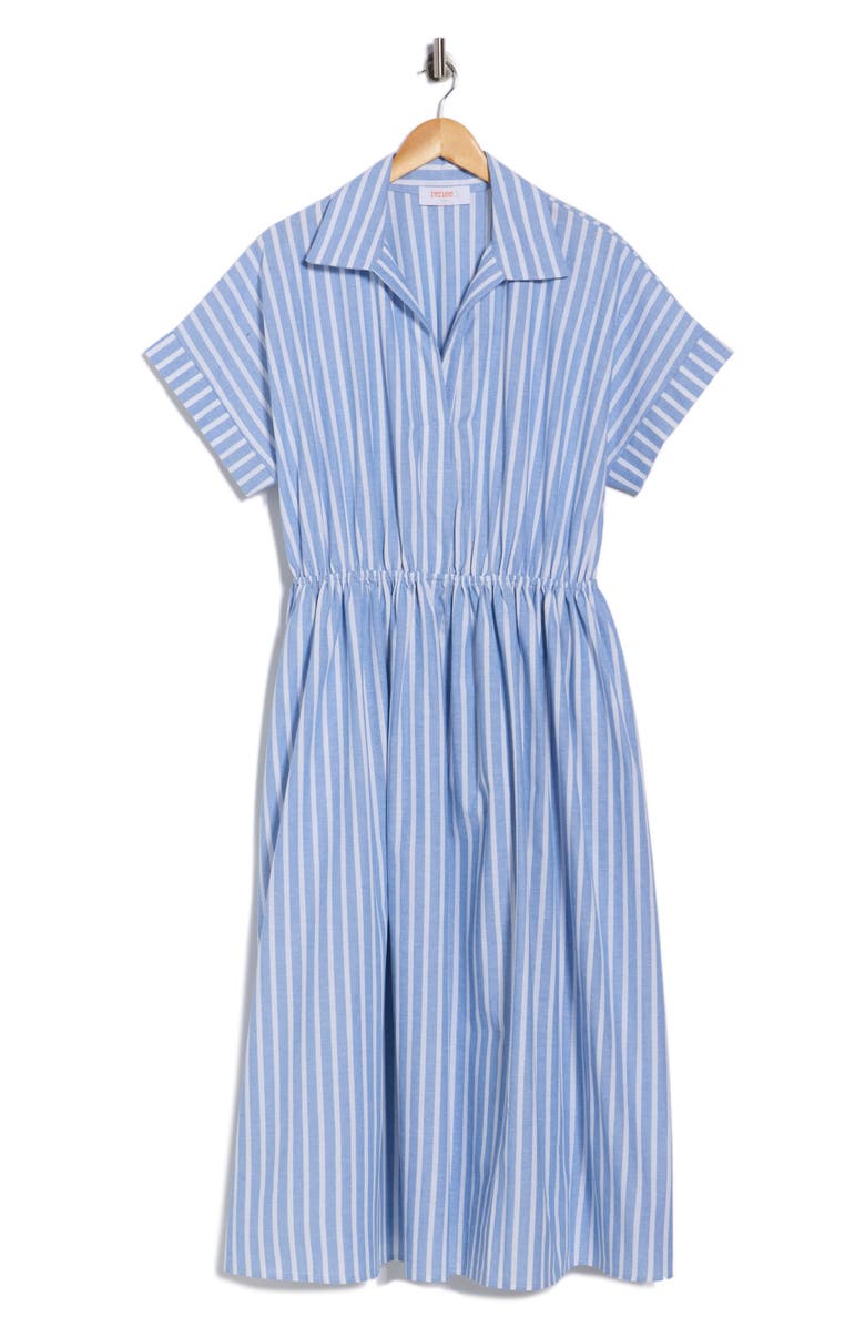 Renee C Stripe Short Sleeve Cotton & Linen Midi Dress, Alternate, color, Chambray