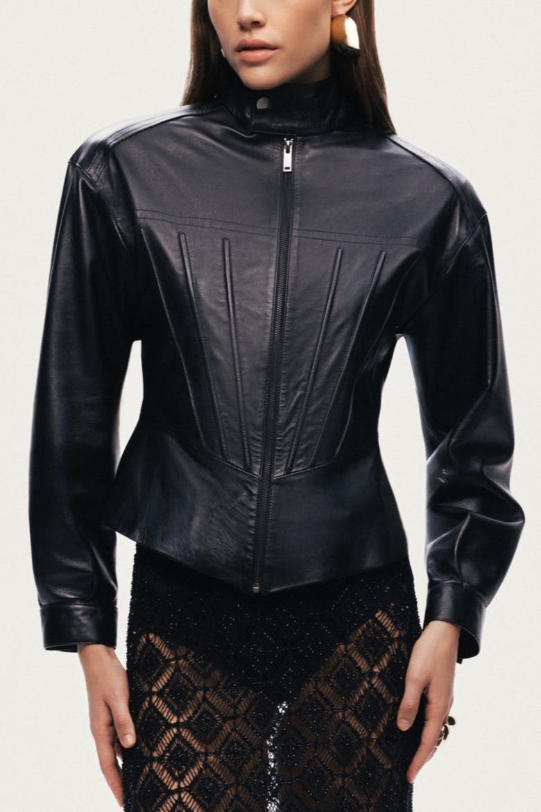 Zip-Front Fitted Leather Jacket, Main, color, Black