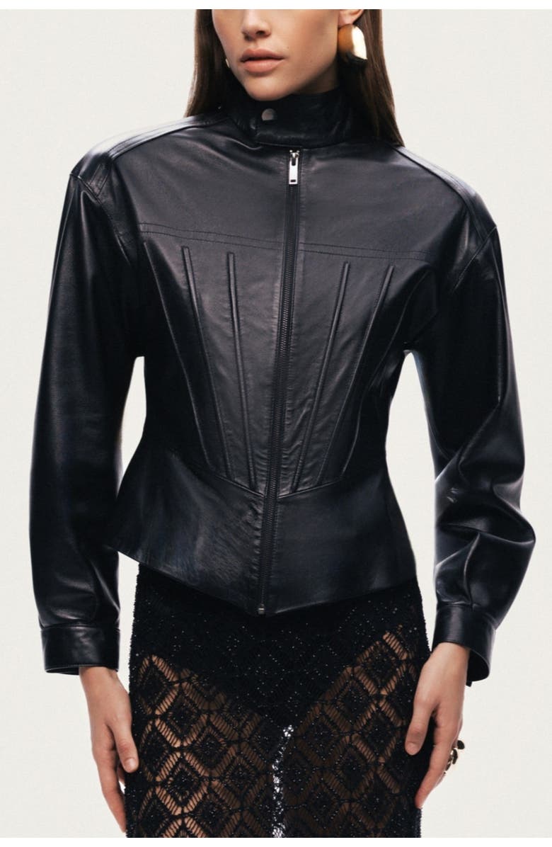 Nocturne Zip-Front Fitted Leather Jacket, Main, color, Black