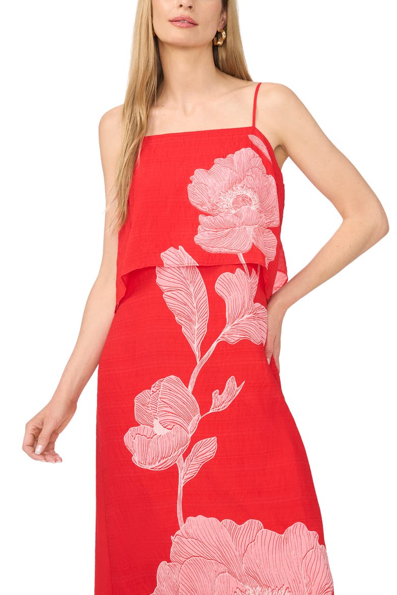 Floral Tiered Overlay Dress, Alternate, color, LOBSTER RED