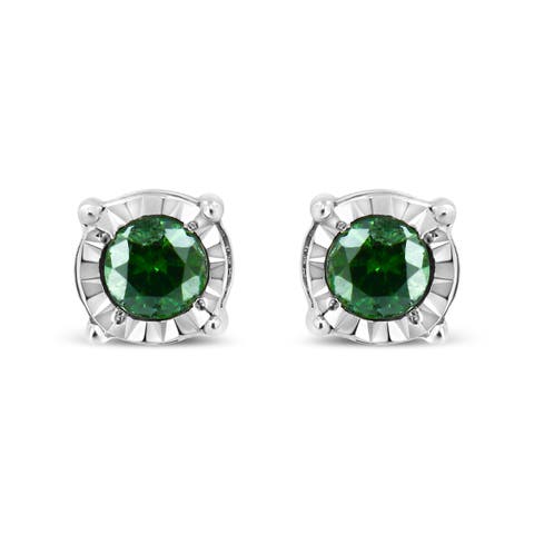 Silver Rose Green Diamond Solitaire Stud Earrings