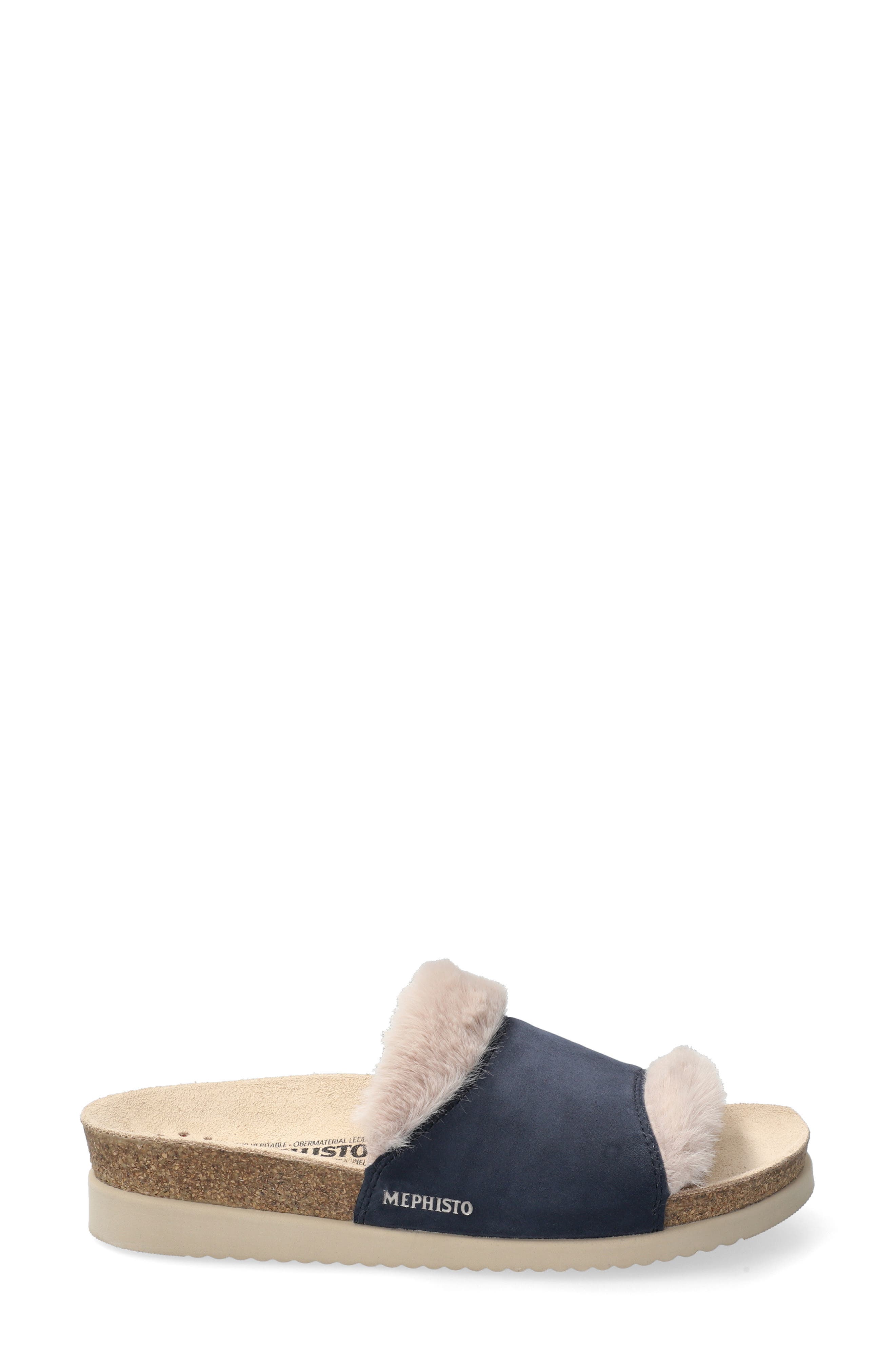 Hemeline Faux Fur Slide Sandal, Alternate, color, JEANS BLUE
