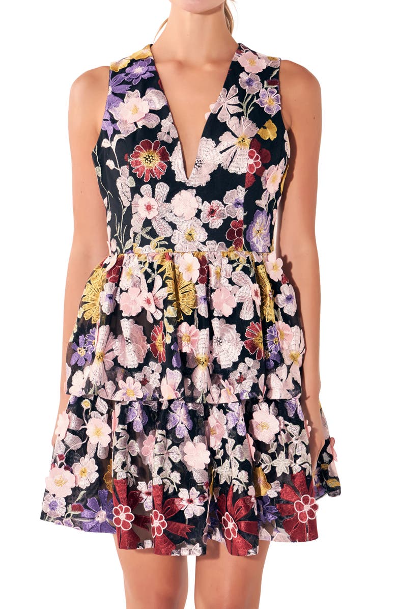 Endless Rose Tiered Embroidered Velvet Fit & Flare Minidress, Alternate, color, Black Multi