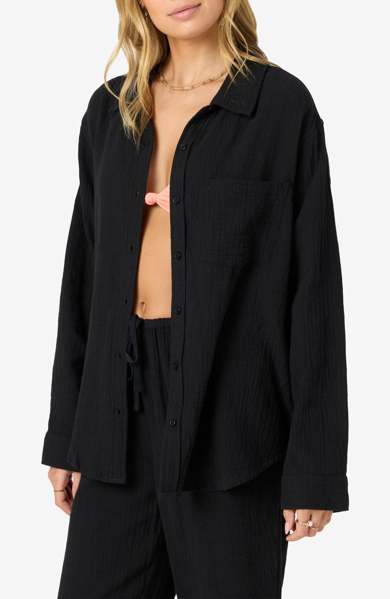 O'Neill Leni Oversize Cotton Gauze Button-Up Shirt, Alternate, color, Black
