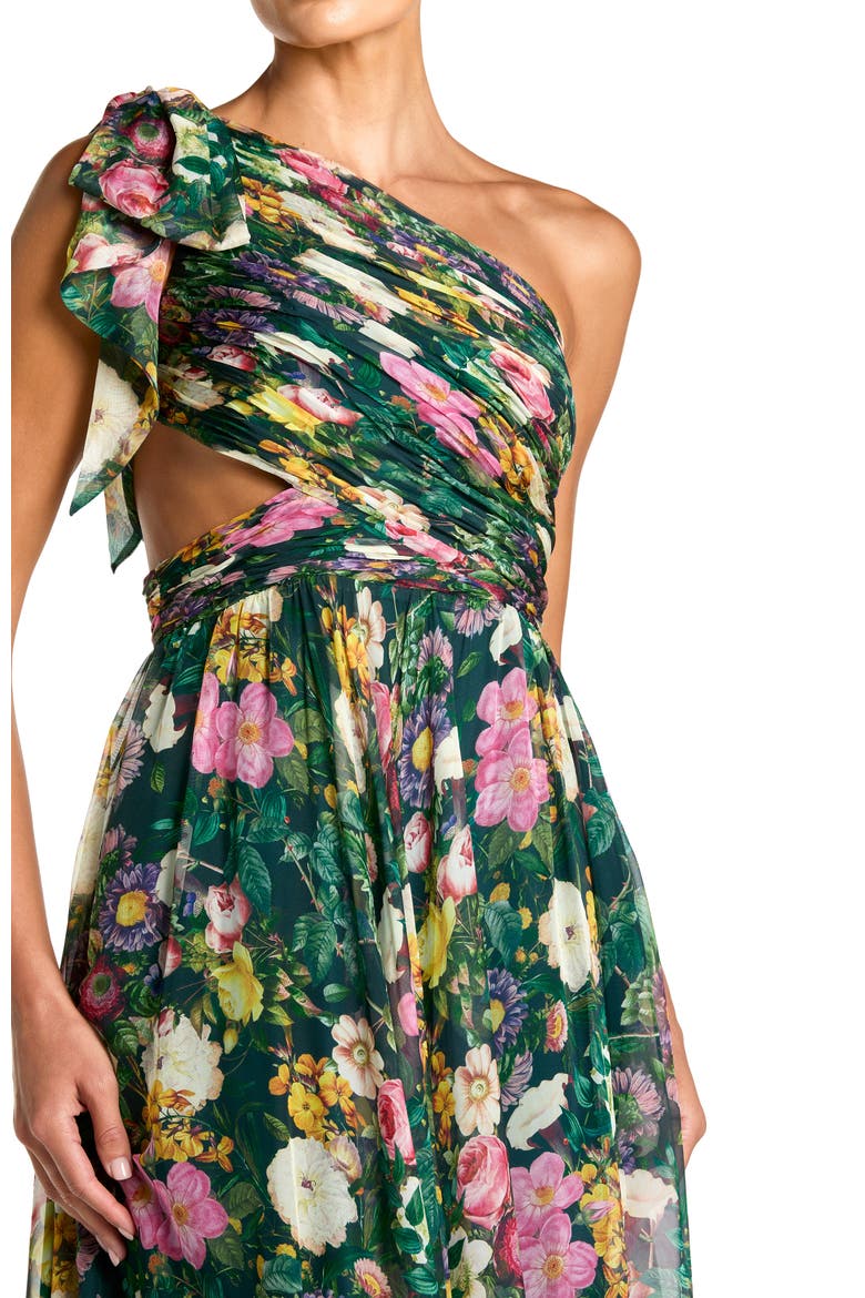 Floral One-Shoulder Cutout Chiffon Evening Gown, Alternate, color, Deep Green Multi