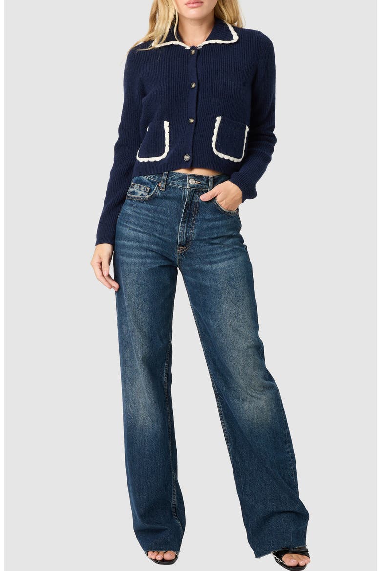 Scalloped Trim Cardigan, Alternate, color, NAVY CREAM