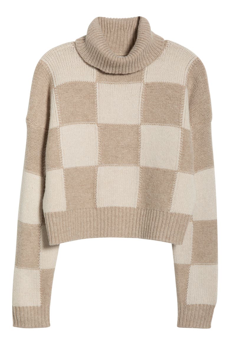 Thea Check Crop Turtleneck Sweater, Alternate, color, PALE OAK WHITE/ BROWN
