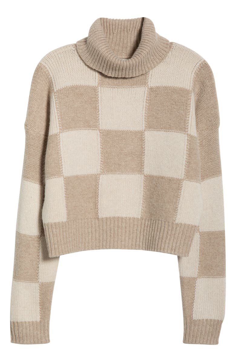 Splendid Thea Check Crop Turtleneck Sweater, Alternate, color, Pale Oak White/ Brown