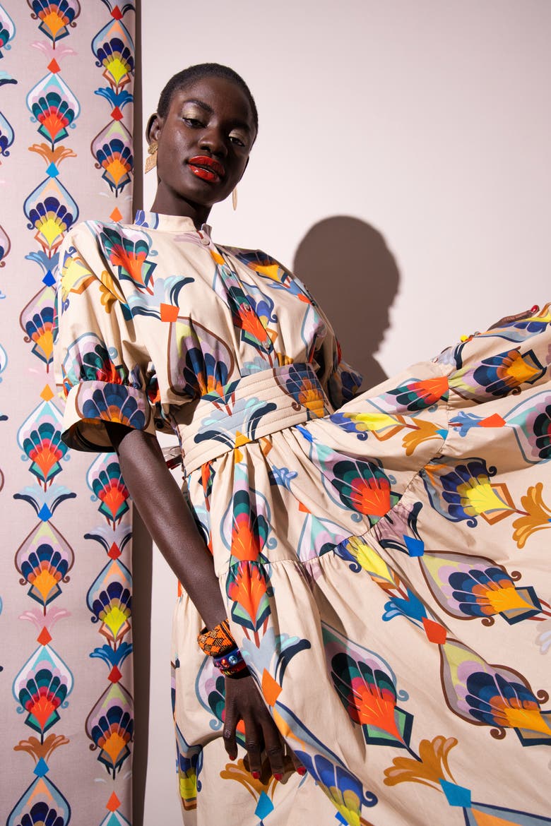 Printed Cotton Popelin Dress With Belt, Alternate, color, Sand Multicolour