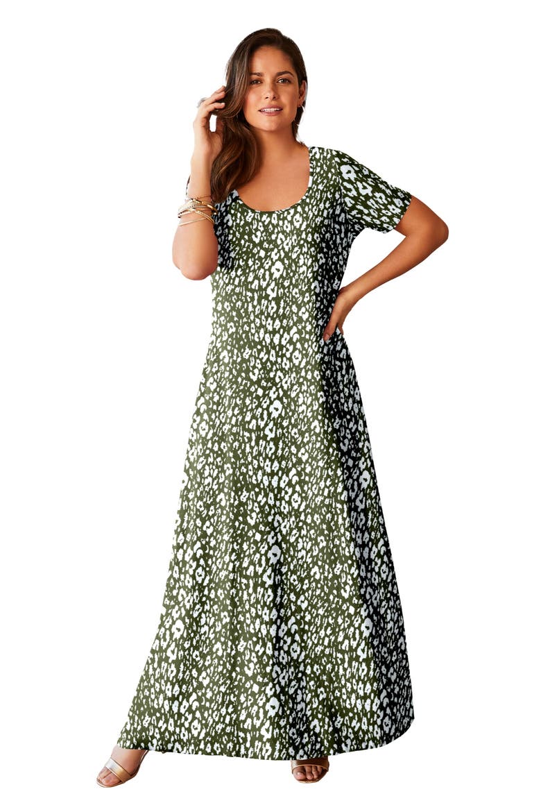 Stretch Cotton T-Shirt Maxi Dress, Main, color, OLIVE GREEN CHEETAH