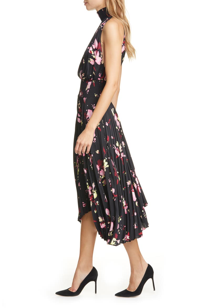 Renzo Floral Pleated Midi Dress, Alternate, color, BLACK/ PINK/ YUZU