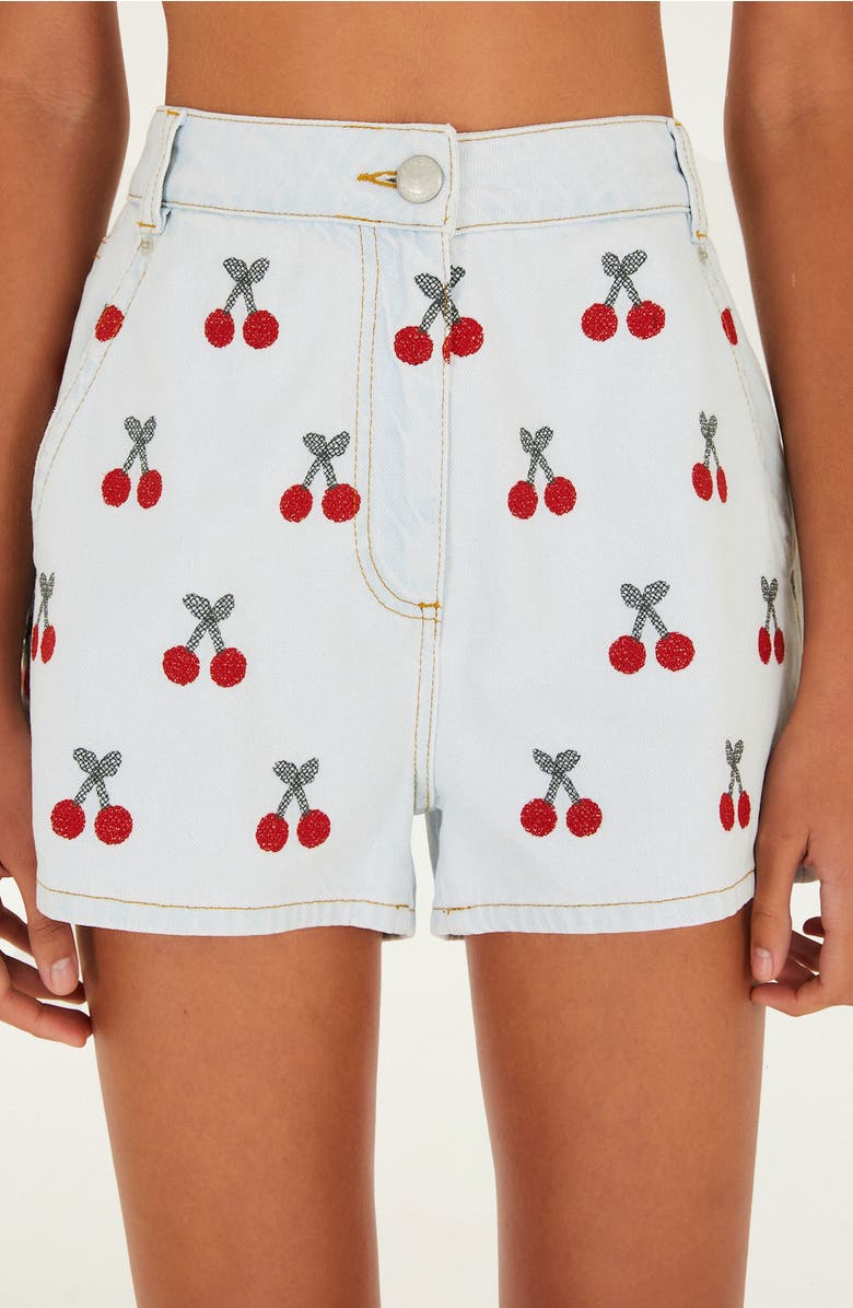 FARM Rio Cherry Embroidered High Waist Denim Shorts, Alternate, color, Denim