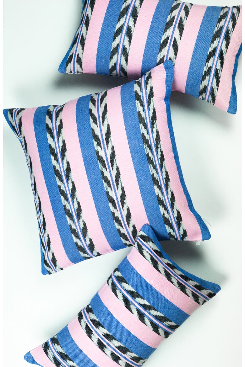 Palm Ikat Striped Pink and Blue Handwoven Cotton Rectangle Pillow, Alternate, color, Blue and Pink