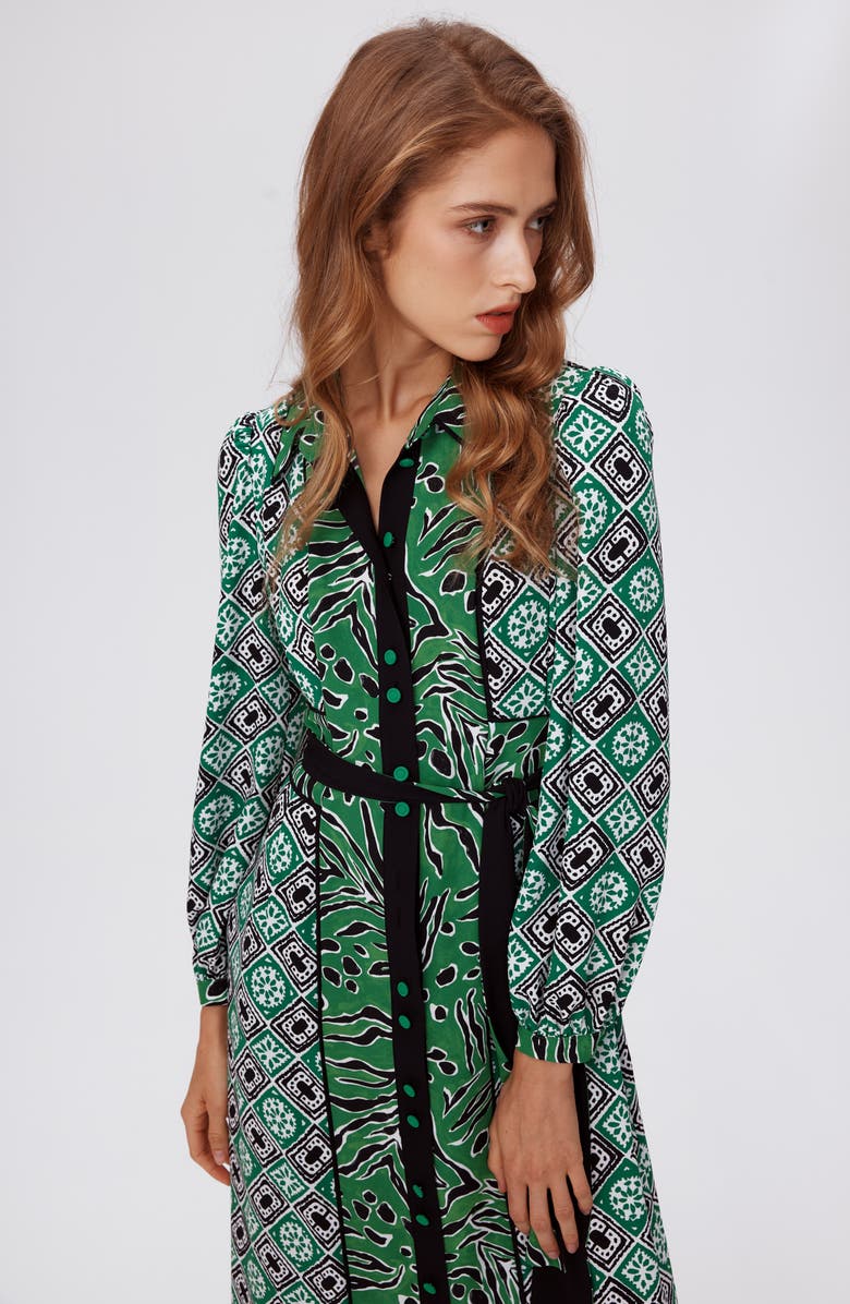 DVF Joshua Long Sleeve Maxi Shirtdress, Alternate, color, Paper Cut Geo/Wtr Tyg Gn Lg
