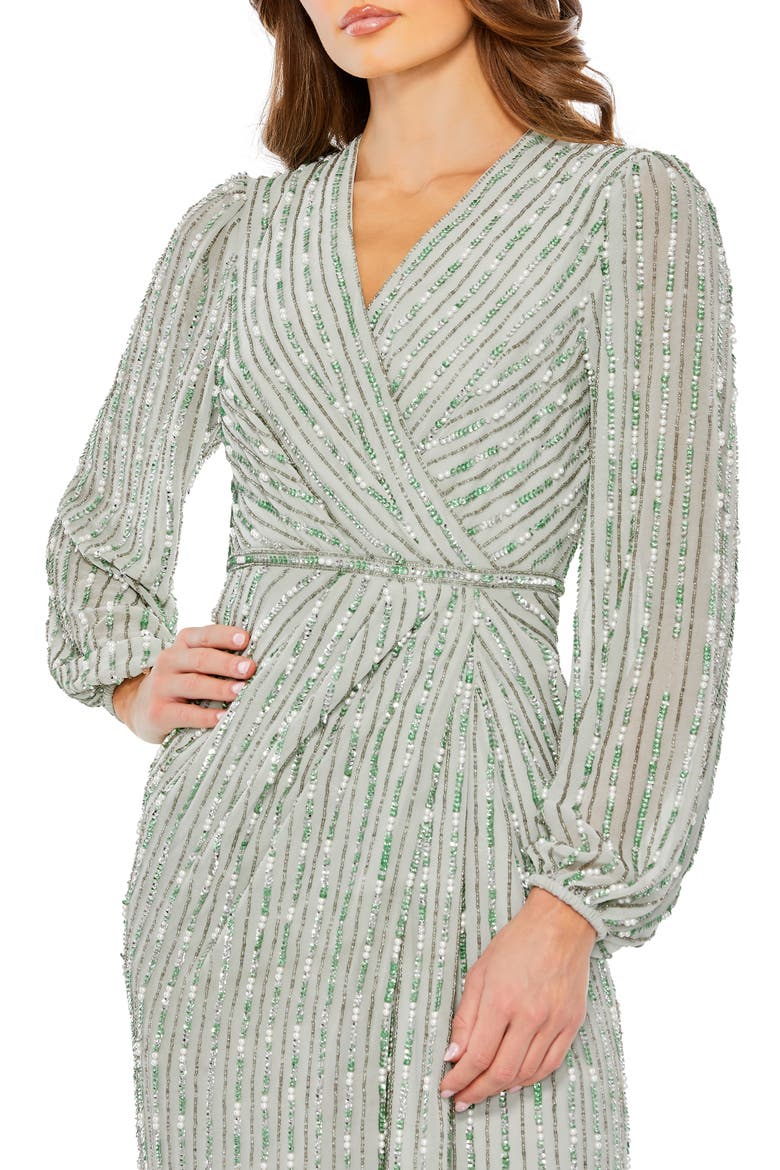 Sequin-Embellished Long Sleeve V-Neck Evening Gown, Alternate, color, Sage