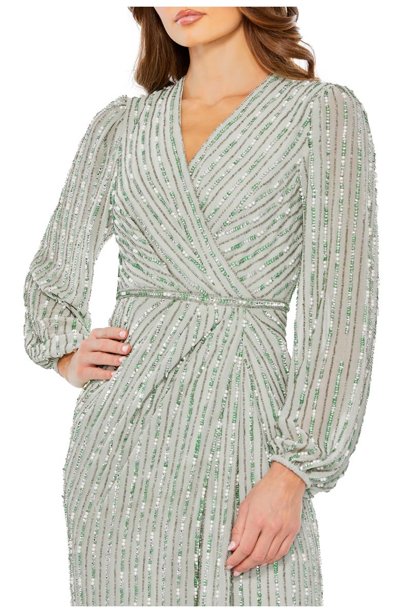 Mac Duggal Sequin-Embellished Long Sleeve V-Neck Evening Gown, Alternate, color, Sage