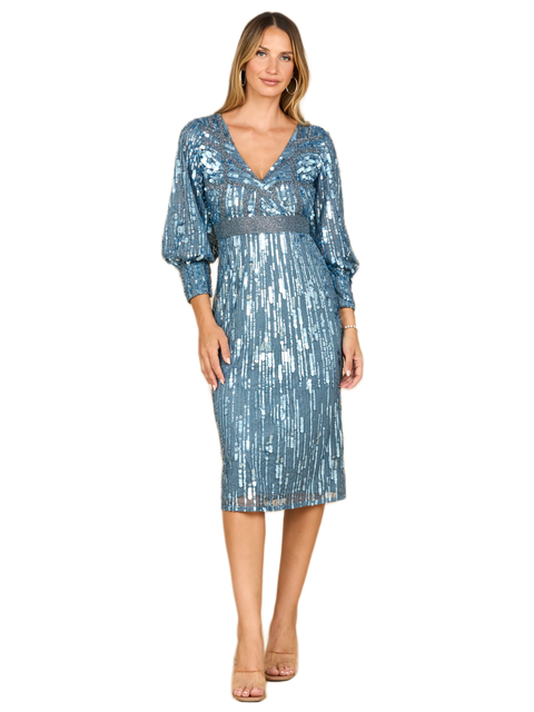 Beaded A-line Midi Dress with Long Sleeves