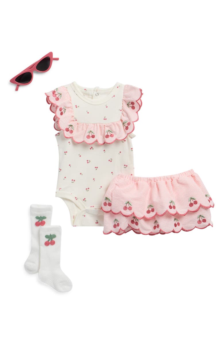 Rachel Zoe Cherry Seersucker Bodysuit, Skirt, Socks & Sunglasses Set, Main, color, 