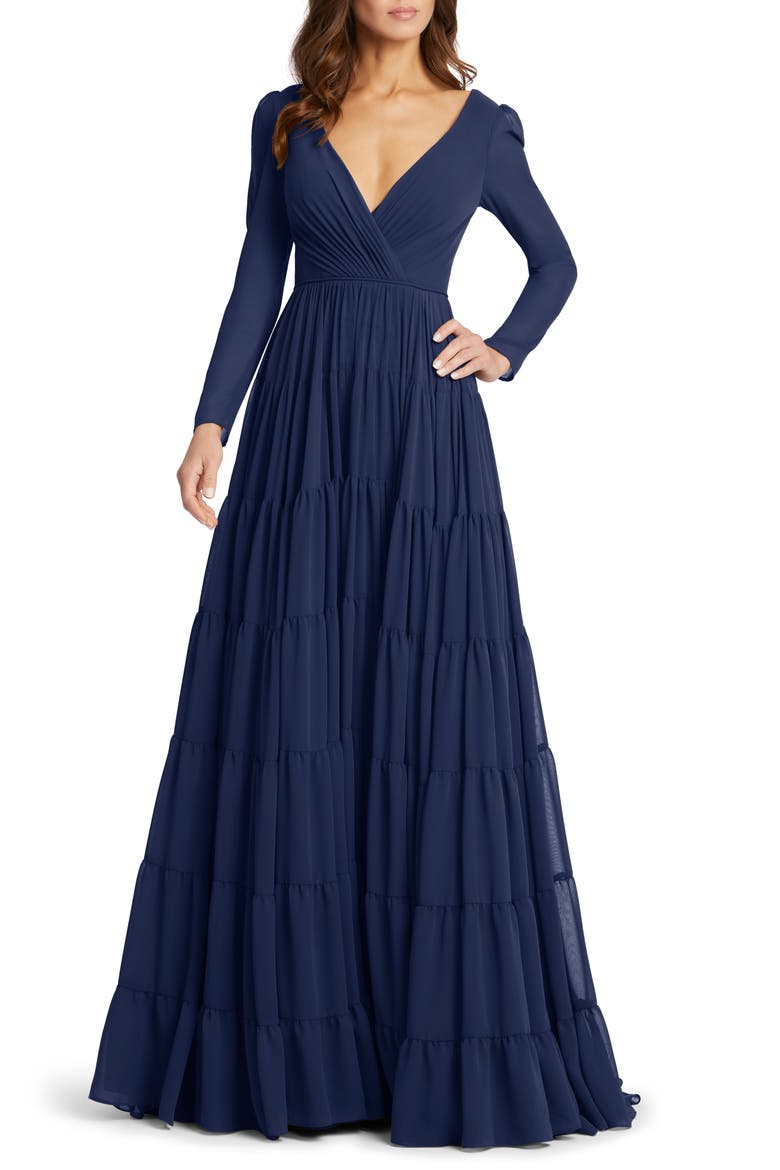 Long Sleeve Chiffon A-Line Gown, Main, color, MIDNIGHT
