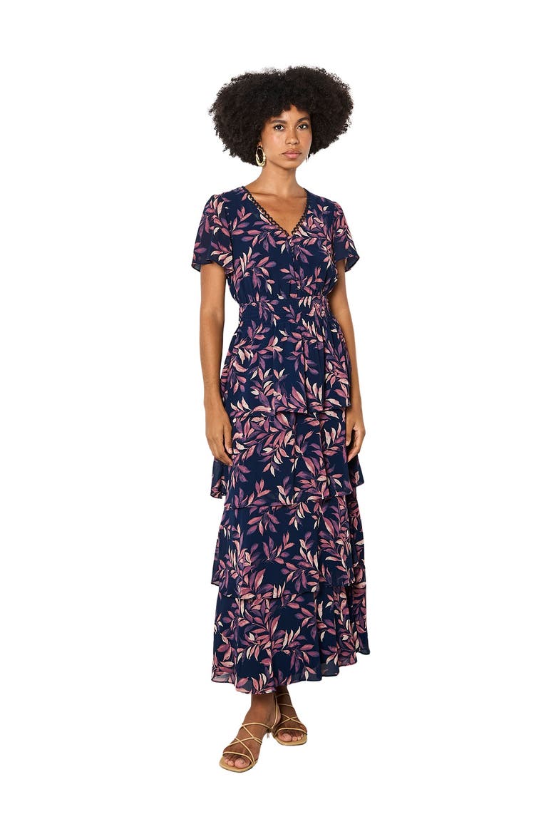 Tiered Leaf Print Dress, Main, color, Navy
