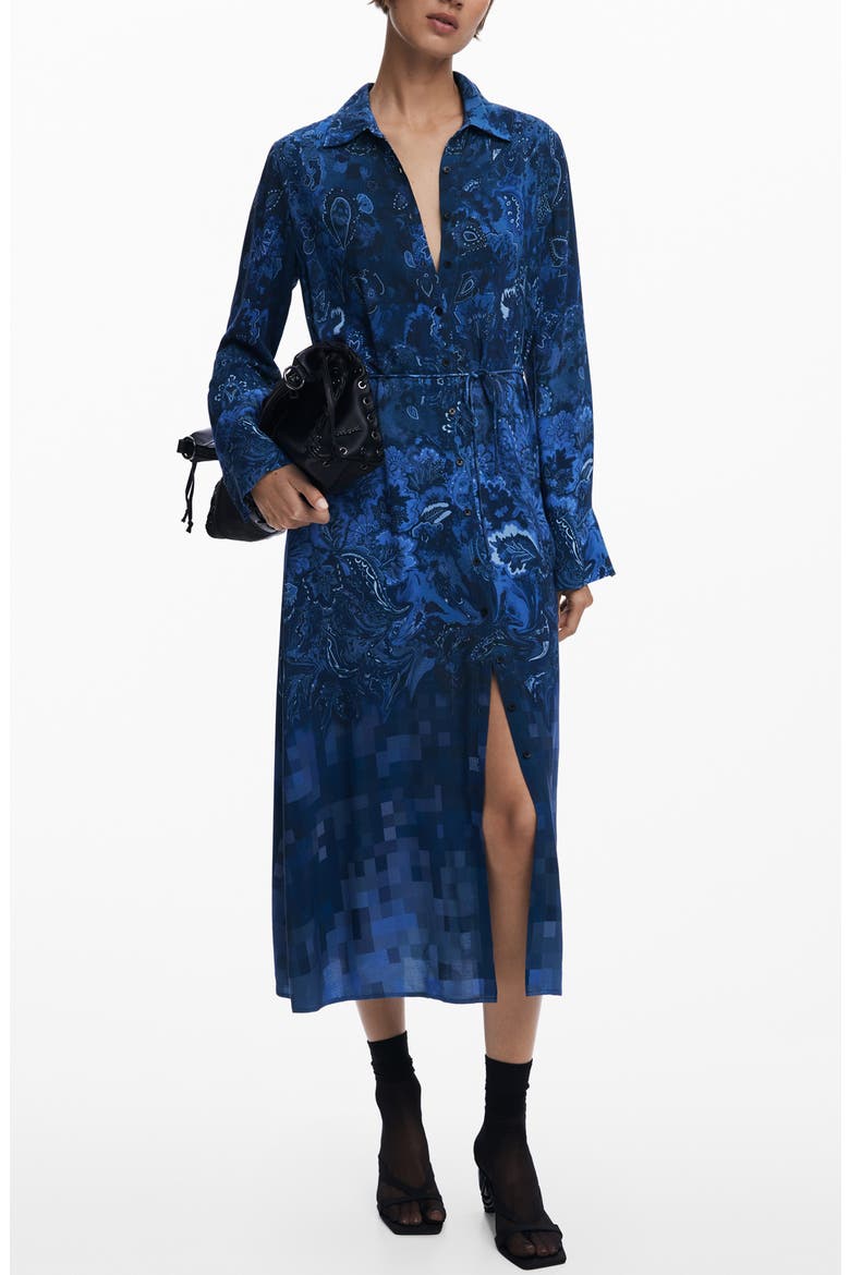 Belted Long Sleeve Midi Shirtdress, Main, color, DARK BLUE