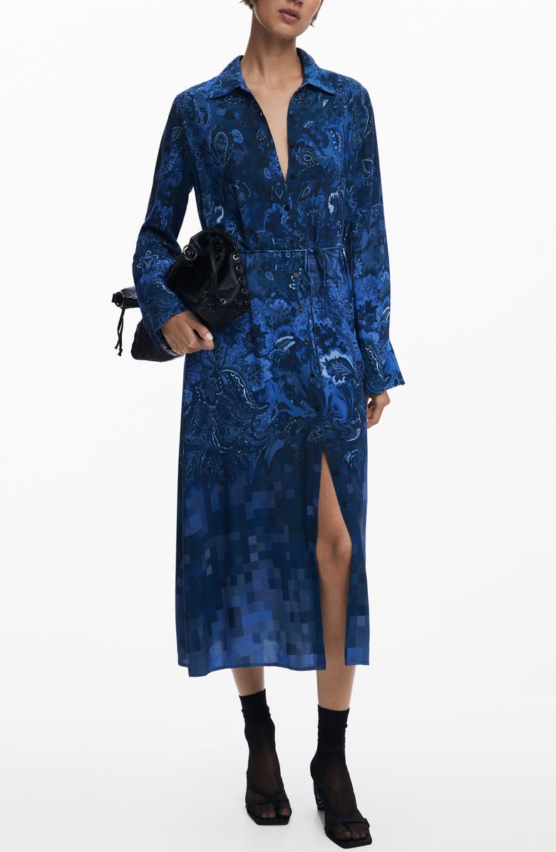Desigual Belted Long Sleeve Midi Shirtdress, Main, color, Dark Blue