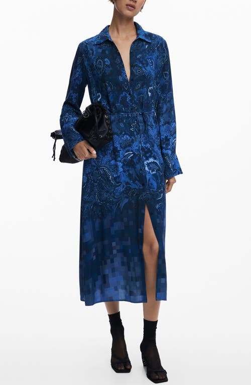 Desigual Belted Long Sleeve Midi Shirtdress In Blue