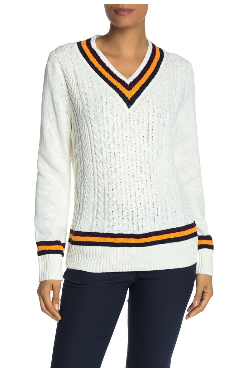 Tommy Hilfiger Tipped V-Neck Varsity Sweater, Main, color, 