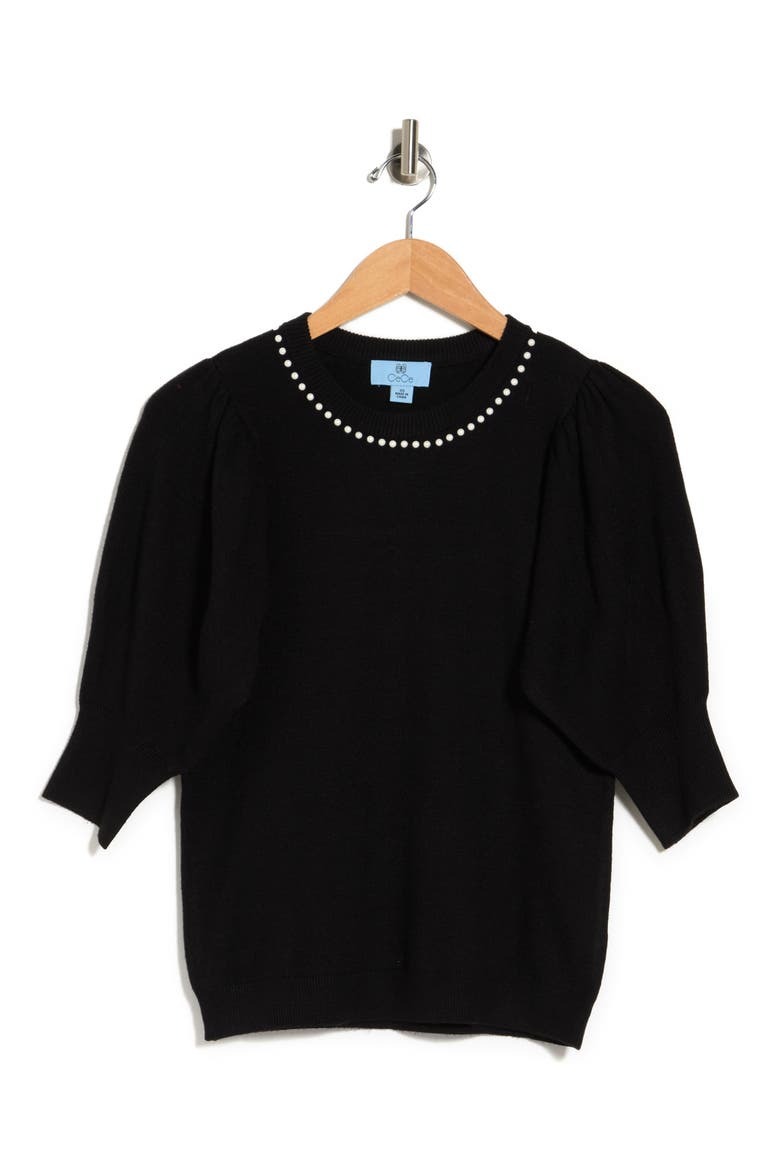Pearly Collar Puff Sleeve Sweater, Alternate, color, RICH BLACK