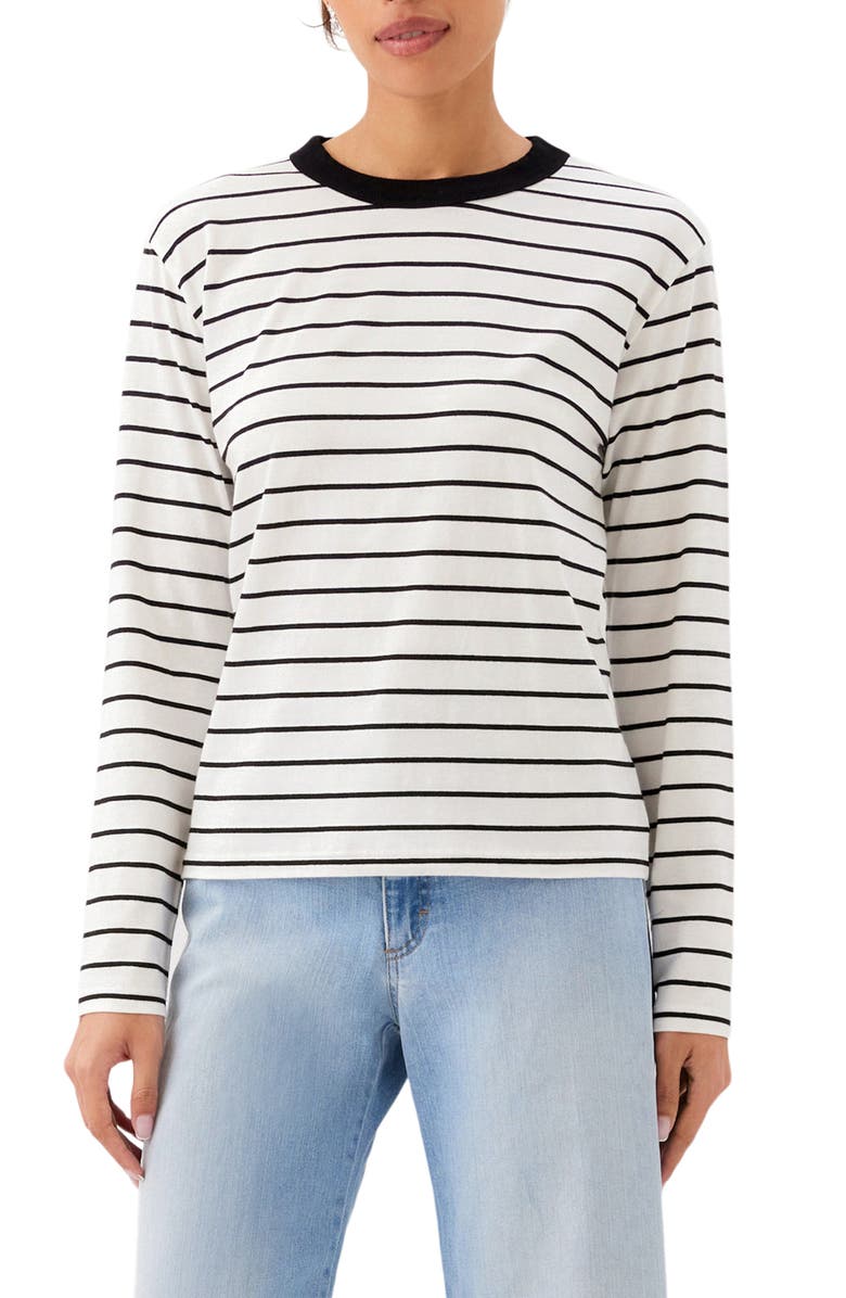 Karen Kane Stripe Crewneck Long Sleeve Cotton Top, Main, color, Off White W/ Black