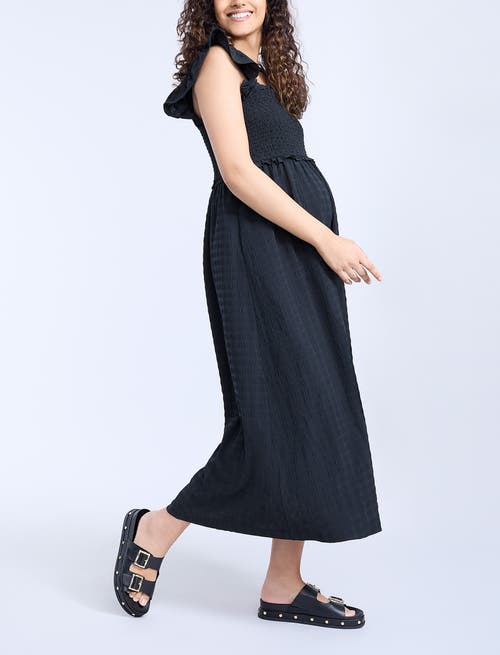 Motherhood Maternity Sleeveless Ruffle Shoulder Smocked Maxi Dress In Black