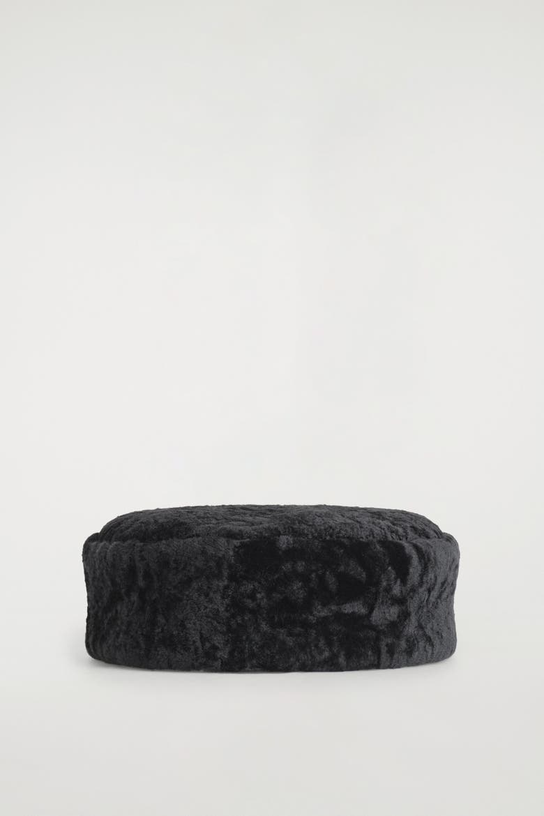 Shearling Pillbox Hat, Alternate, color, BLACK