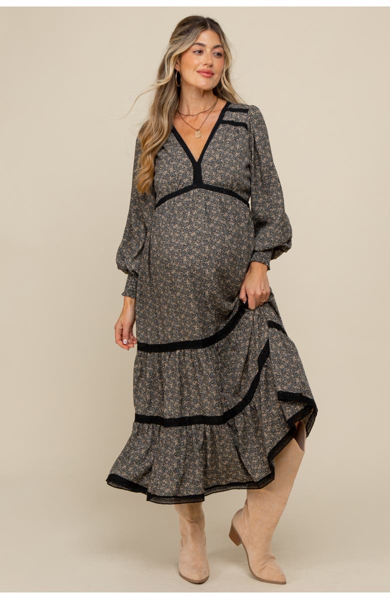 PinkBlush Floral Lace Trim Bubble Sleeve Maxi Dress, Alternate, color, Black