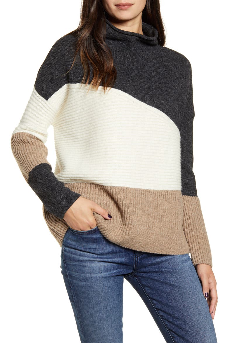 Patchwork Funnel Neck Sweater, Main, color, MOCHA MOUSSE MULTI