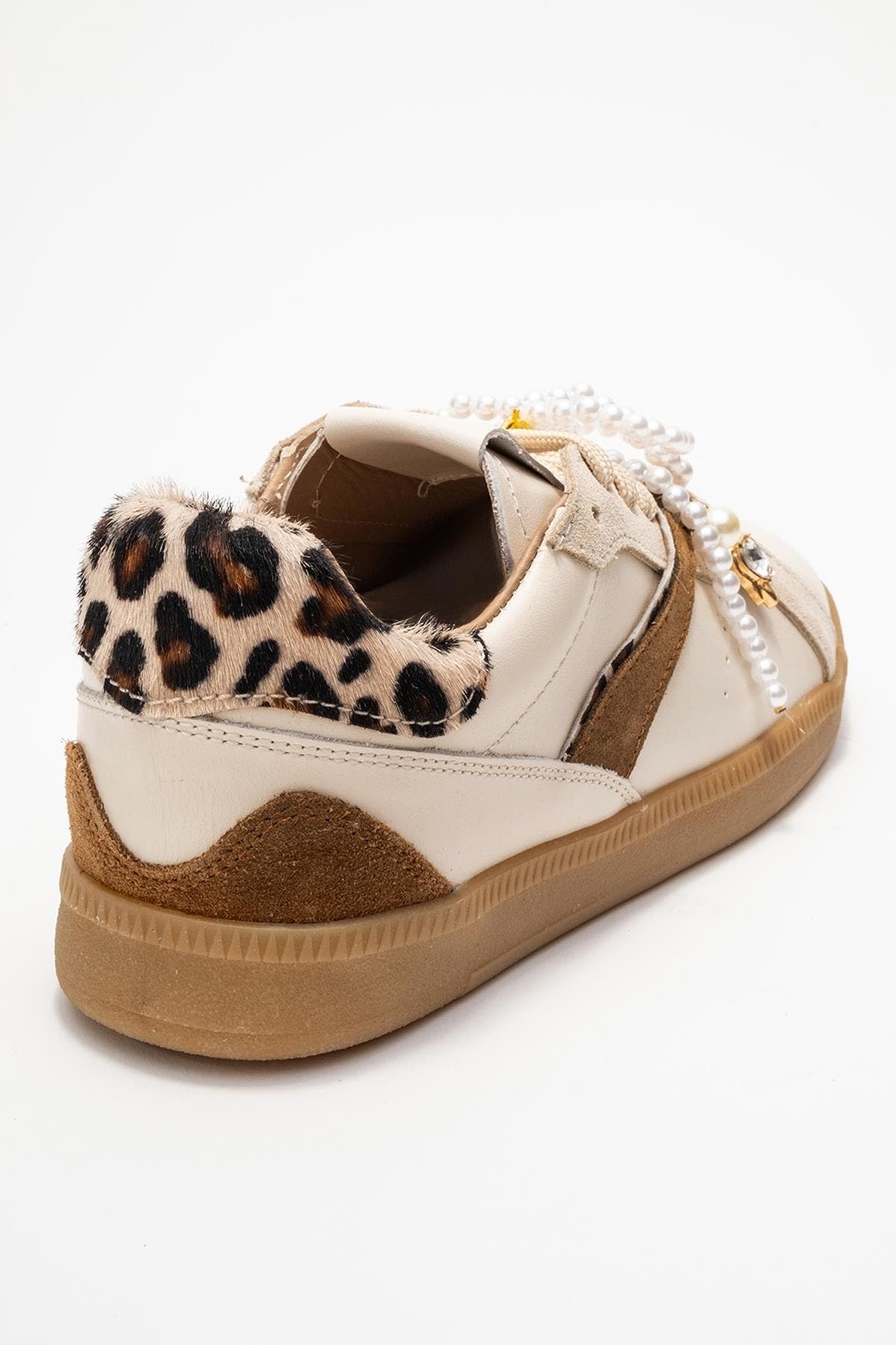 Taren Leather Pearl Buckle Sneakers, Alternate, color, Beige Leather