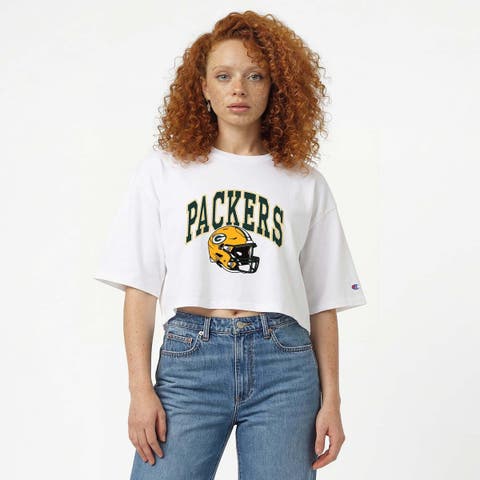 Women's Champion  White Green Bay Packers Boyfriend Cropped T-Shirt