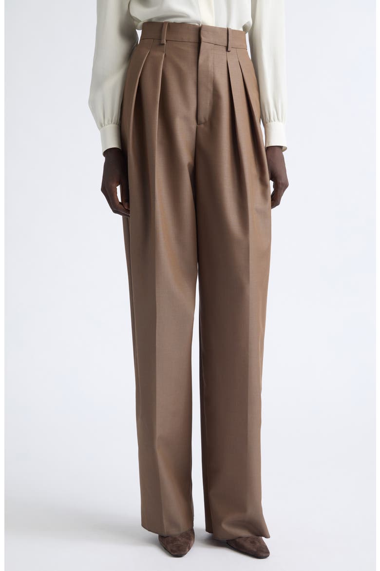Pleated Wool & Mohair Wide Leg Pants, Main, color, MARRON GLACE