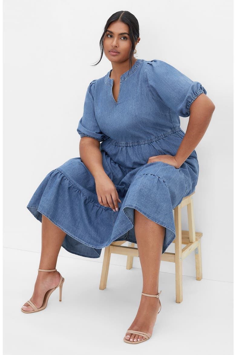August Tiered Midi Dress, Alternate, color, LIGHT WASH
