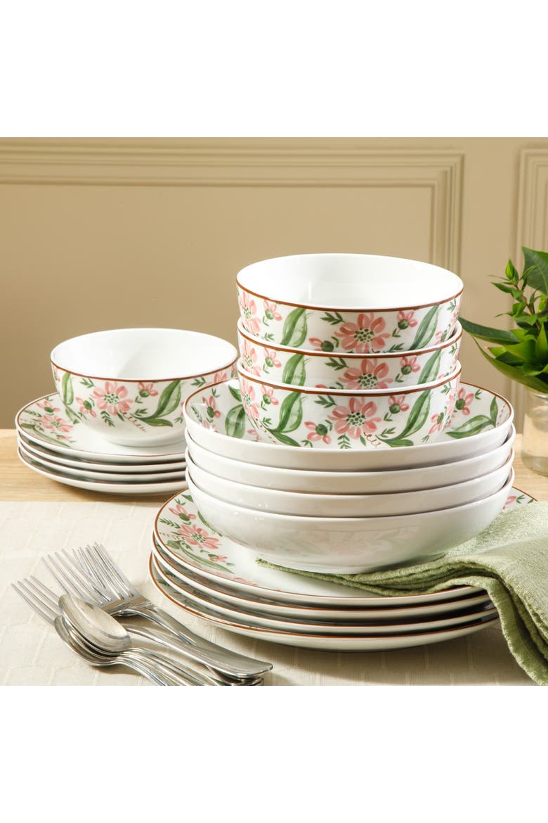 16 Piece Decorated Ceramic Dinnerware Set, Alternate, color, Pink/Green