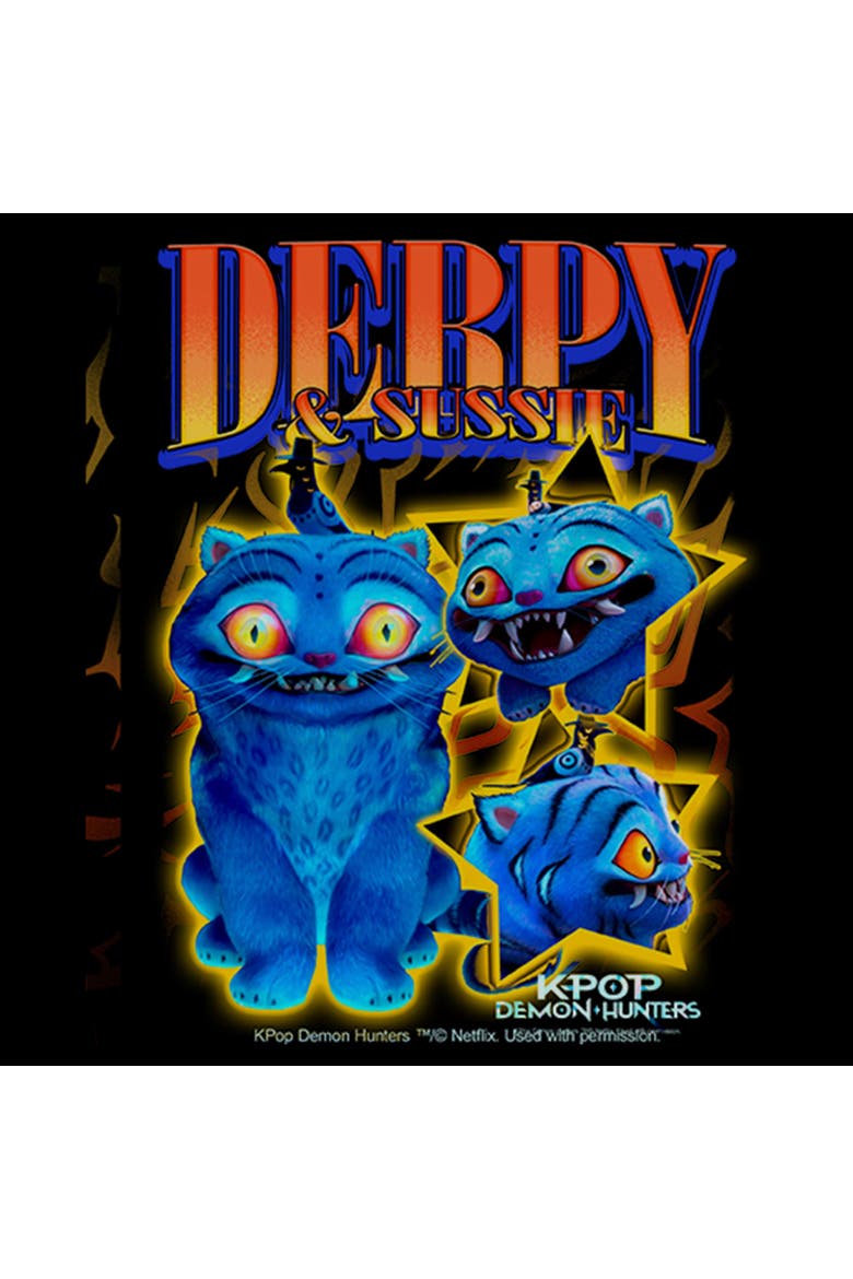 Girl's KPop Demon Hunters Derpy and Sussie Mascot Friends  Graphic T-Shirt, Alternate, color, Black