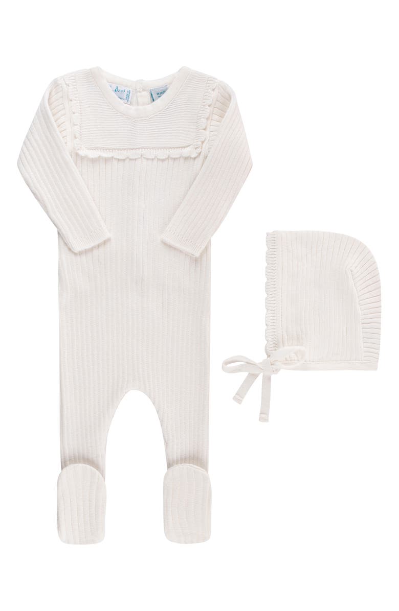 Feltman Brothers Ruffled Yoke Rib Footie & Bonnet Set, Main, color, Ivory
