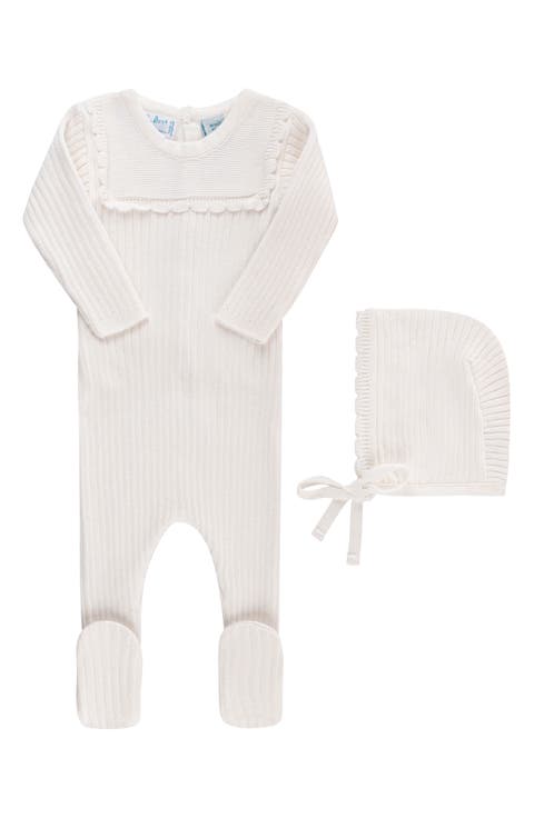 Ruffled Yoke Rib Footie & Bonnet Set (Baby)