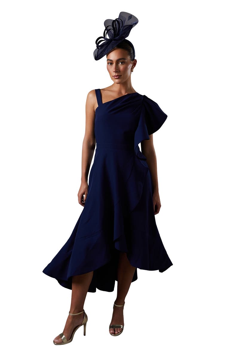 Coast One Shoulder Crepe Ruffle Midi Dress, Main, color, Navy