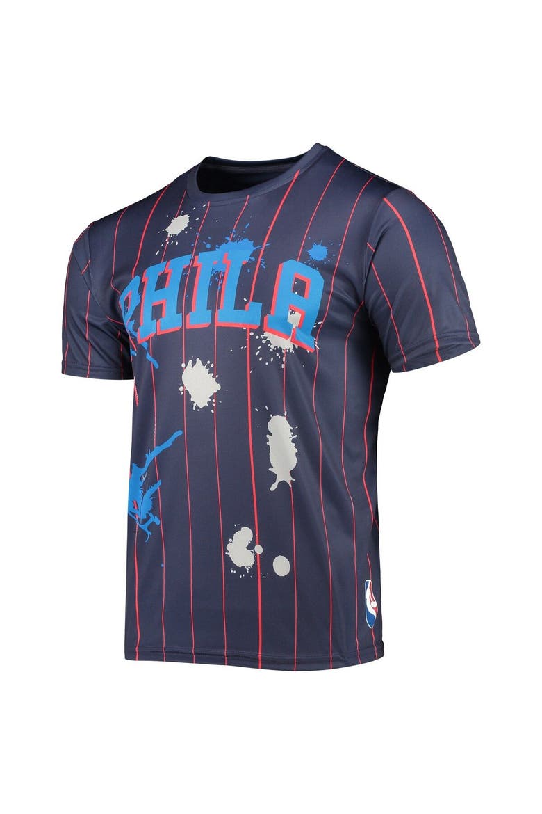 Men's FISLL Navy Philadelphia 76ers Striped Splatter T-Shirt, Alternate, color, Navy