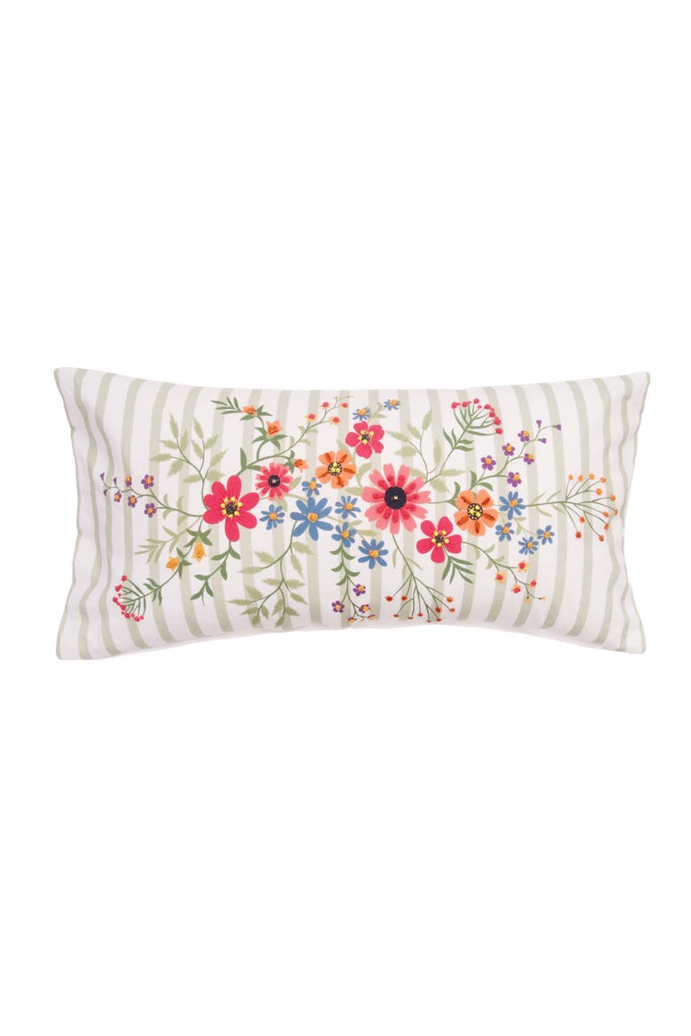 Botanical Flowers Striped Printed Cotton Blend Mini Spring Accent Pillow 12" x 24", Main, color, Red