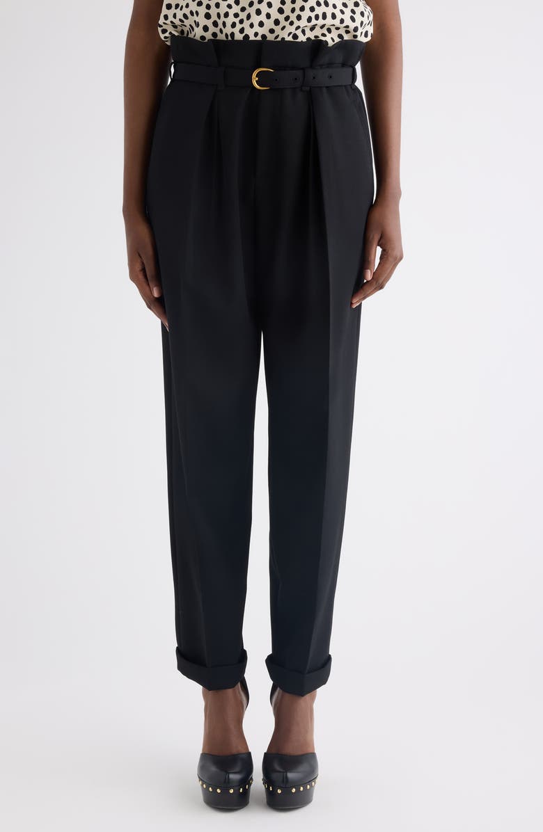Chloé Belted Paperbag Waist Grain de Poudre Wool Pants, Main, color, Black